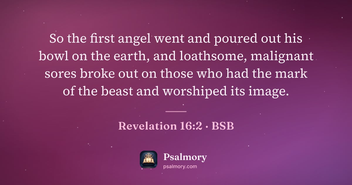 Revelation 16:2 verse artwork: So the first angel went and poured out his bowl on the earth, and loathsome, malignant…