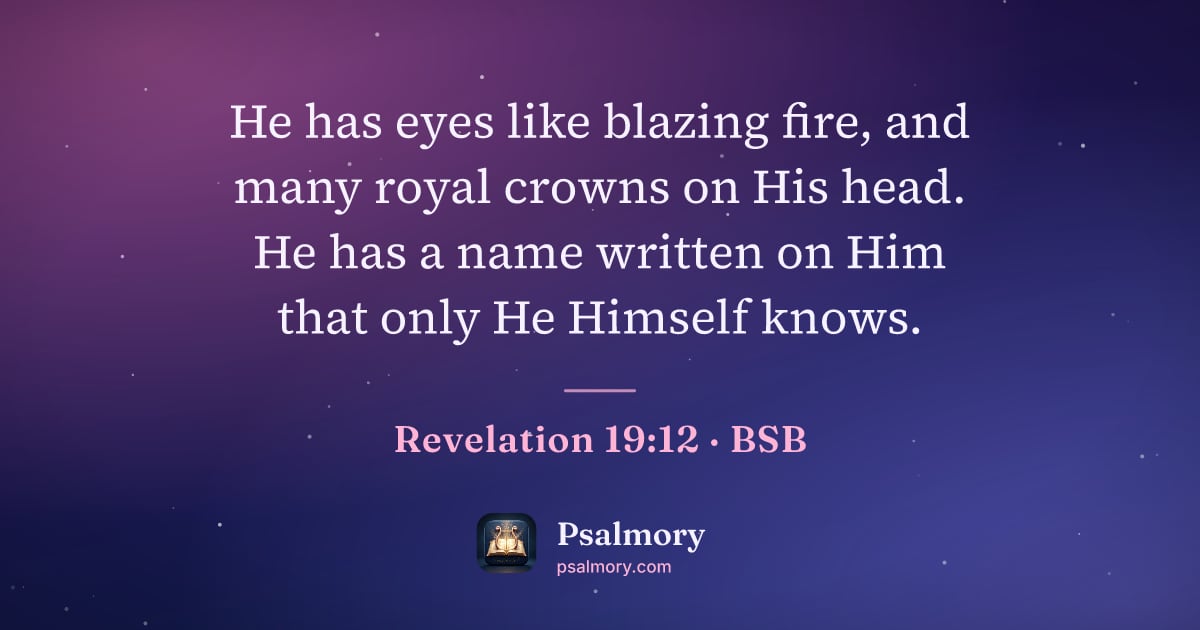 Revelation 19:12 verse artwork: He has eyes like blazing fire, and many royal crowns on His head. He has a name written…