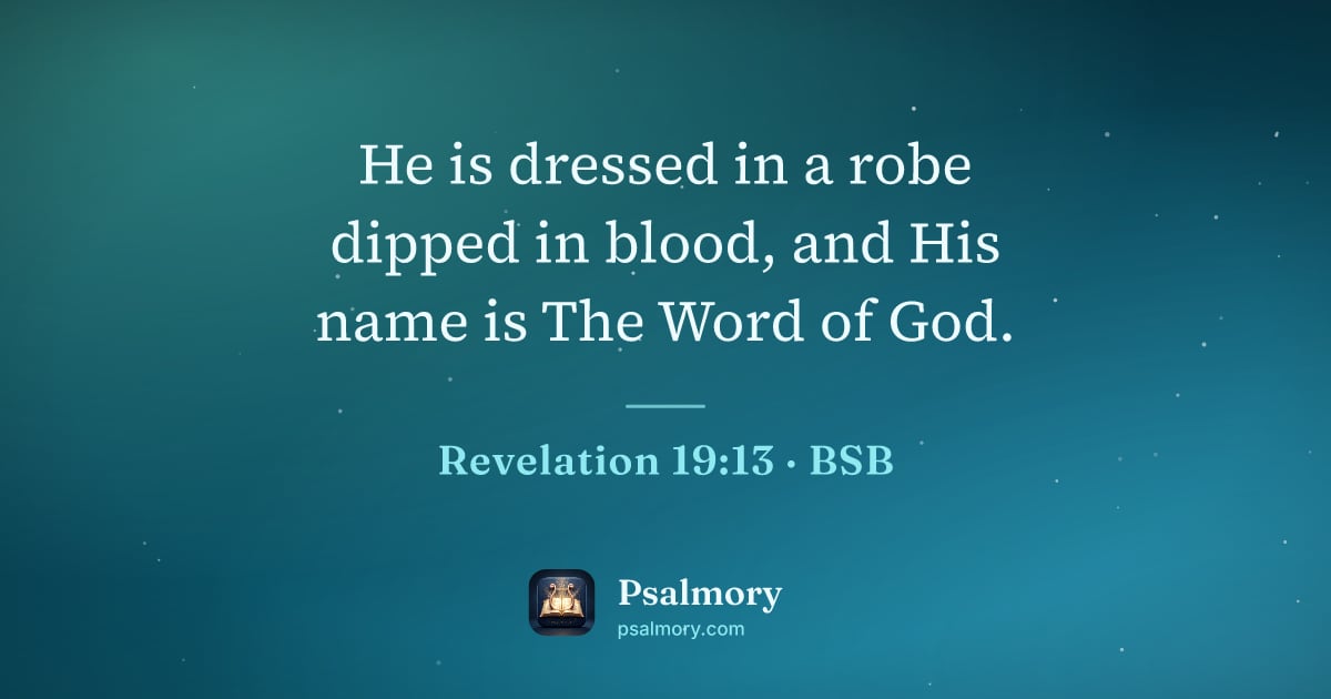 Revelation 19:13 verse artwork: He is dressed in a robe dipped in blood, and His name is The Word of God.