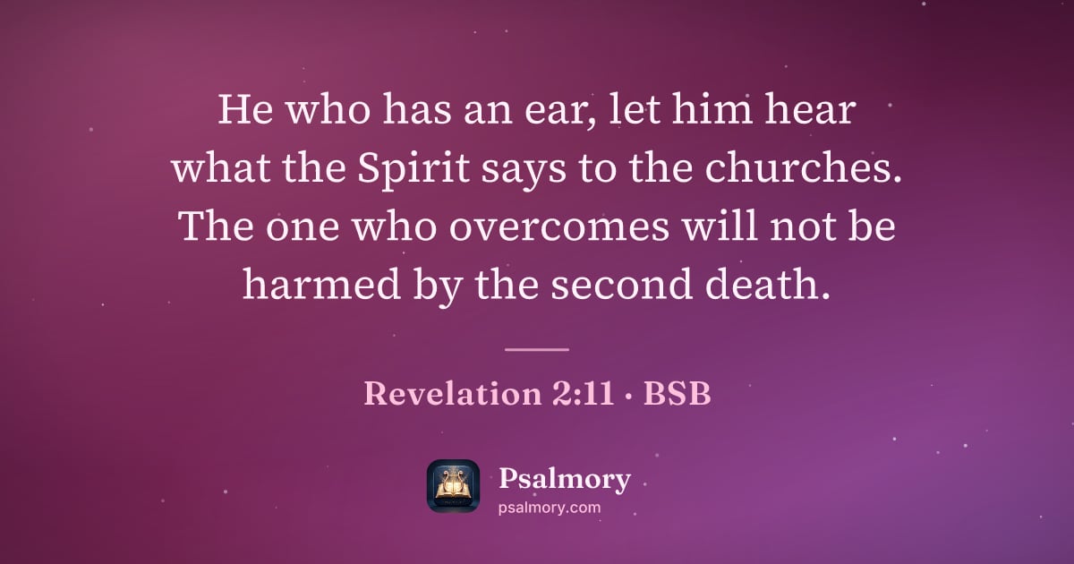 Revelation 2:11 verse artwork: He who has an ear, let him hear what the Spirit says to the churches. The one who…