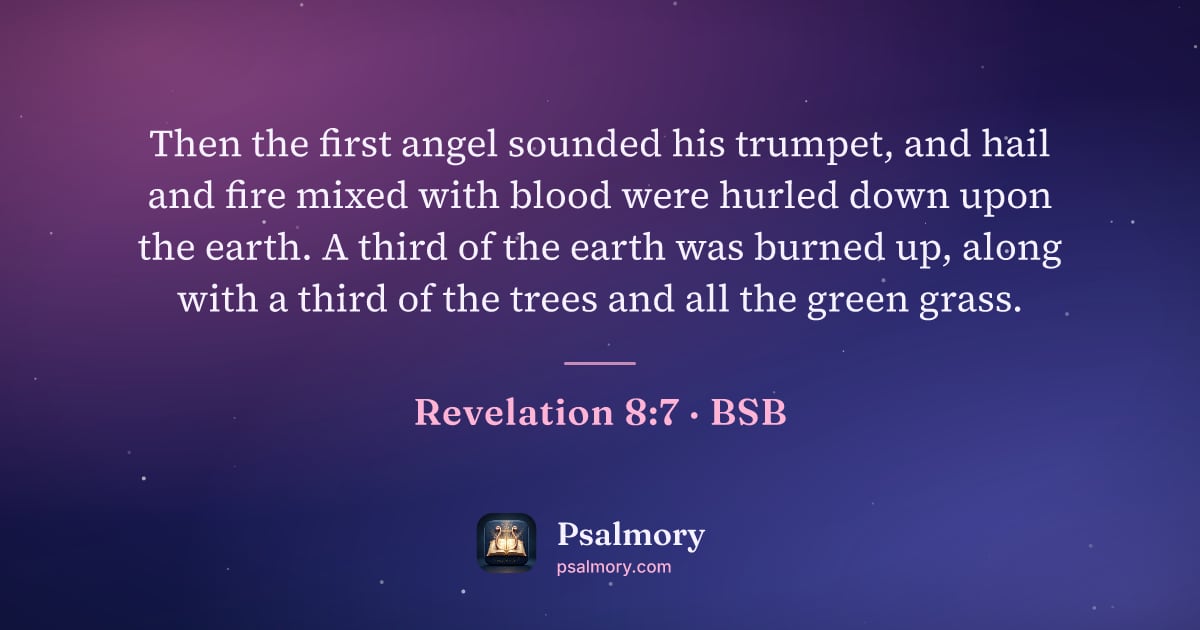 Revelation 8:7 verse artwork: Then the first angel sounded his trumpet, and hail and fire mixed with blood were hurled…
