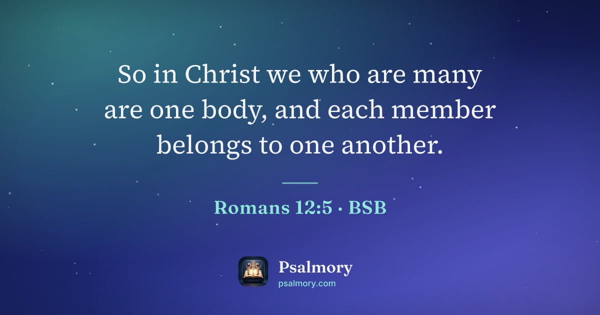Romans 12:5 verse artwork: So in Christ we who are many are one body, and each member belongs to one another.