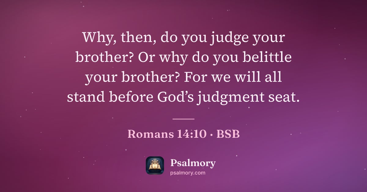 Romans 14:10 verse artwork: Why, then, do you judge your brother? Or why do you belittle your brother? For we will…