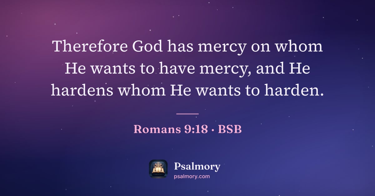Romans 9:18 verse artwork: Therefore God has mercy on whom He wants to have mercy, and He hardens whom He wants to…