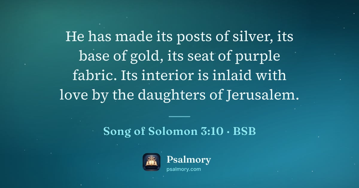 Song of Solomon 3:10 verse artwork: He has made its posts of silver, its base of gold, its seat of purple fabric. Its…