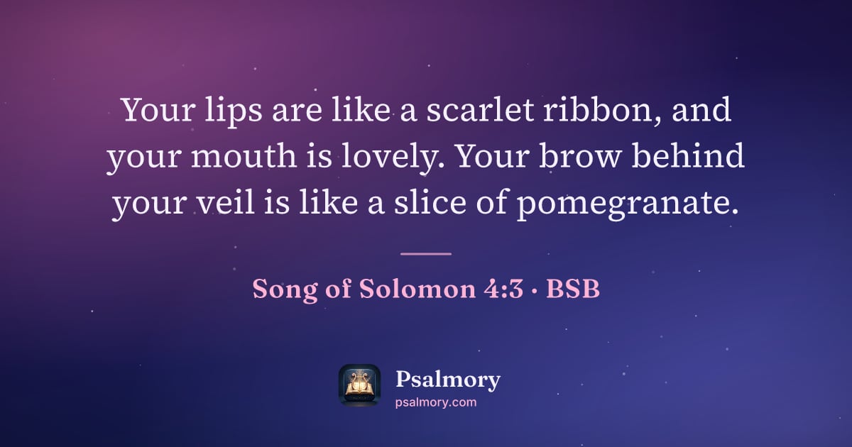 Song of Solomon 4:3 verse artwork: Your lips are like a scarlet ribbon, and your mouth is lovely. Your brow behind your…