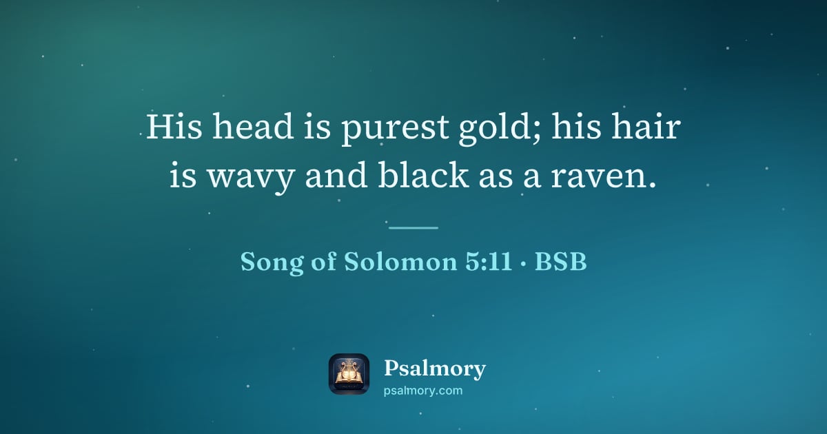 Song of Solomon 5:11 verse artwork: His head is purest gold; his hair is wavy and black as a raven.