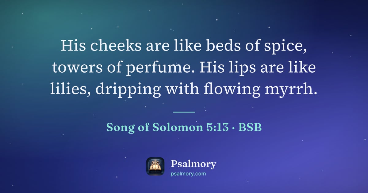 Song of Solomon 5:13 verse artwork: His cheeks are like beds of spice, towers of perfume. His lips are like lilies, dripping…