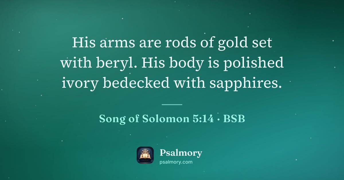 Song of Solomon 5:14 verse artwork: His arms are rods of gold set with beryl. His body is polished ivory bedecked with…