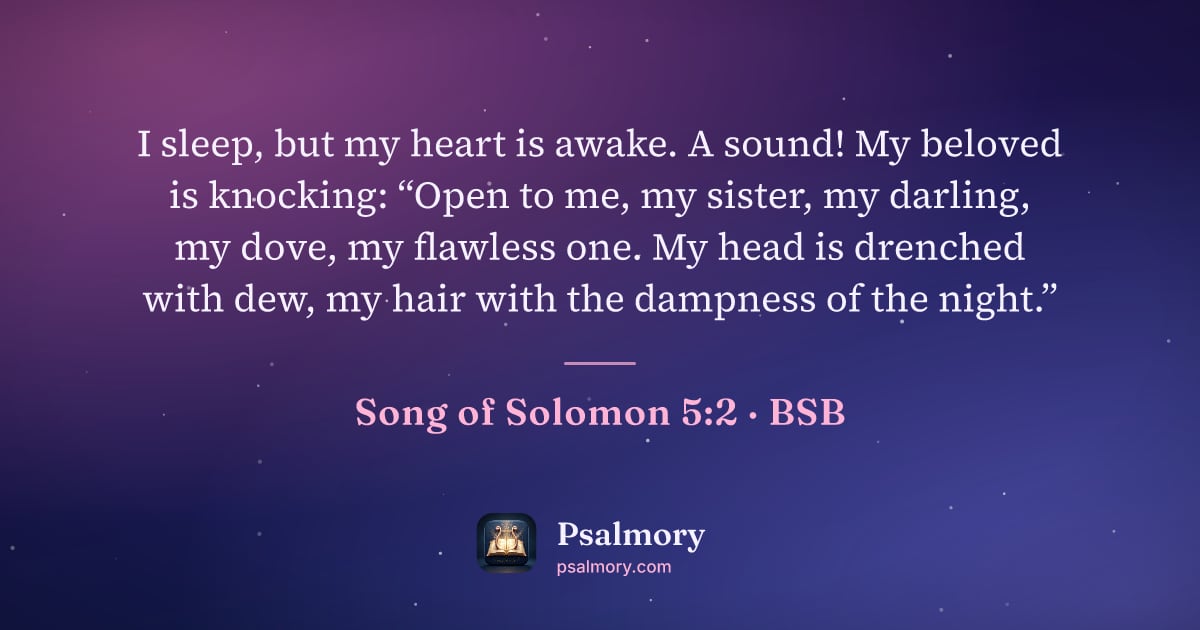Song of Solomon 5:2 verse artwork: I sleep, but my heart is awake. A sound! My beloved is knocking: “Open to me, my sister,…