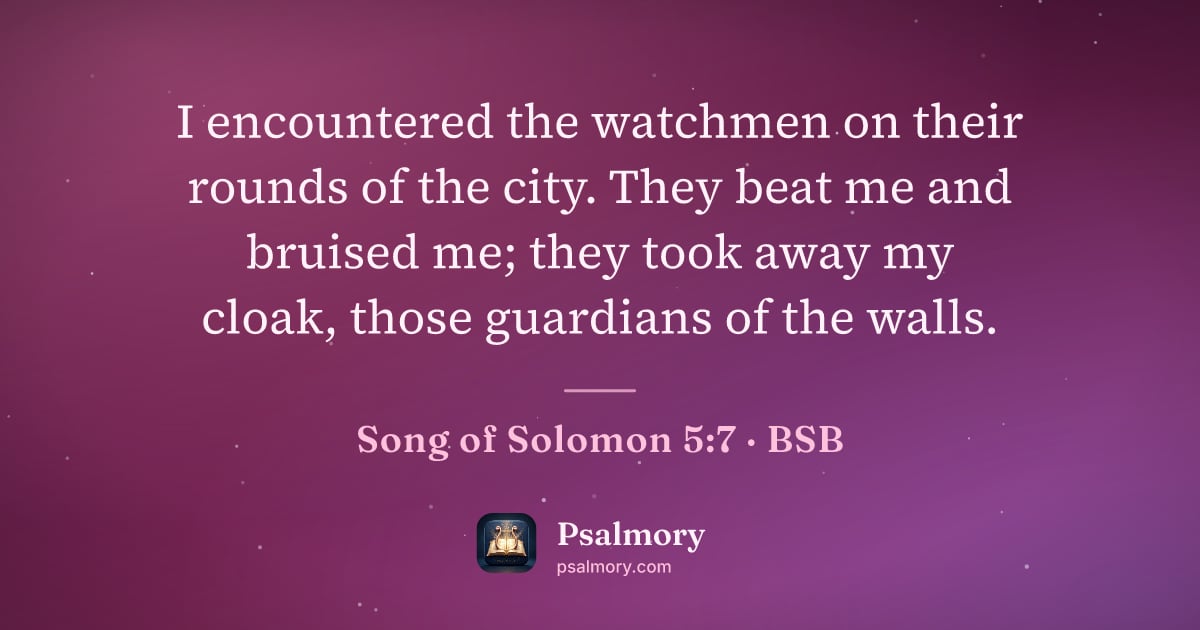 Song of Solomon 5:7 verse artwork: I encountered the watchmen on their rounds of the city. They beat me and bruised me;…
