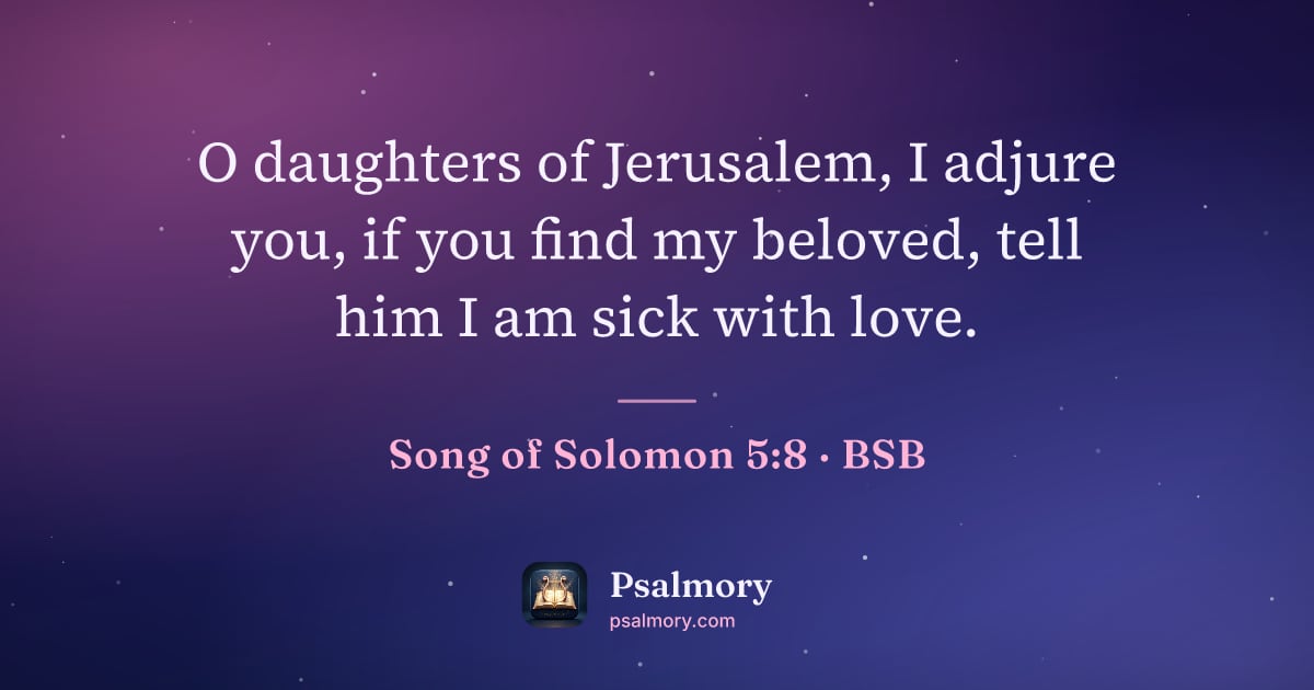 Song of Solomon 5:8 verse artwork: O daughters of Jerusalem, I adjure you, if you find my beloved, tell him I am sick with…