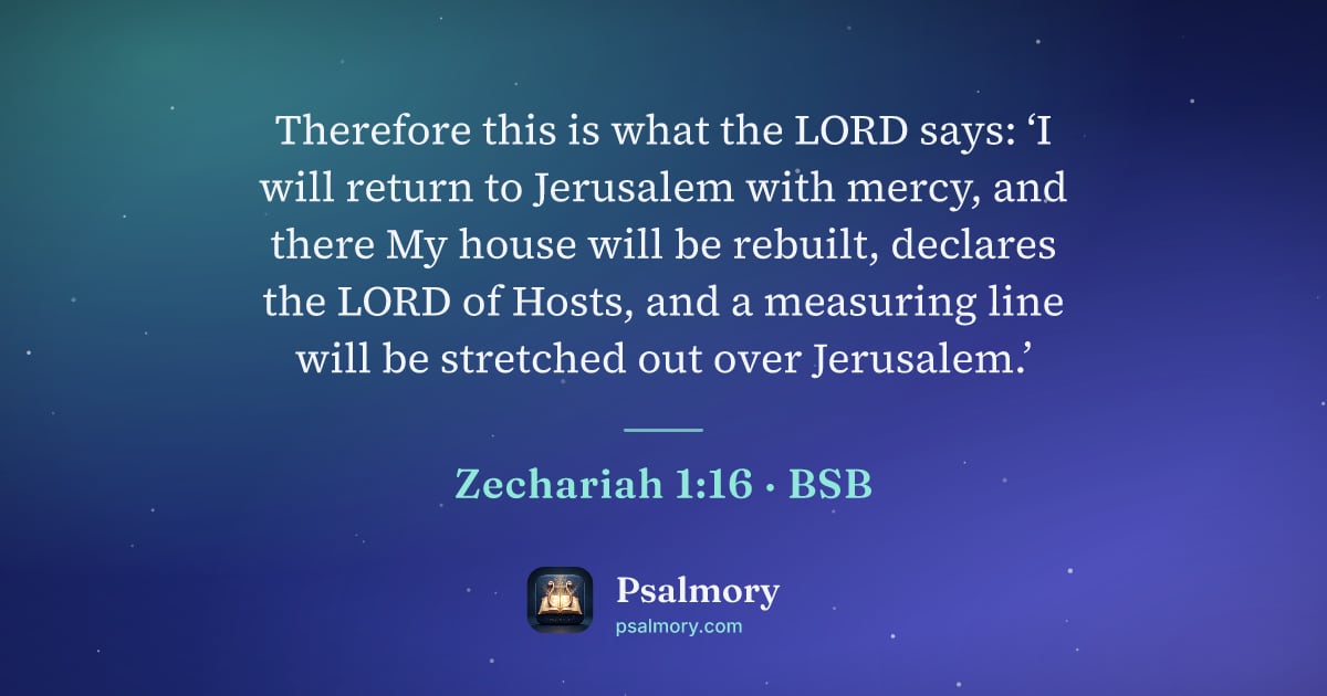 Zechariah 1:16 verse artwork: Therefore this is what the LORD says: ‘I will return to Jerusalem with mercy, and there…
