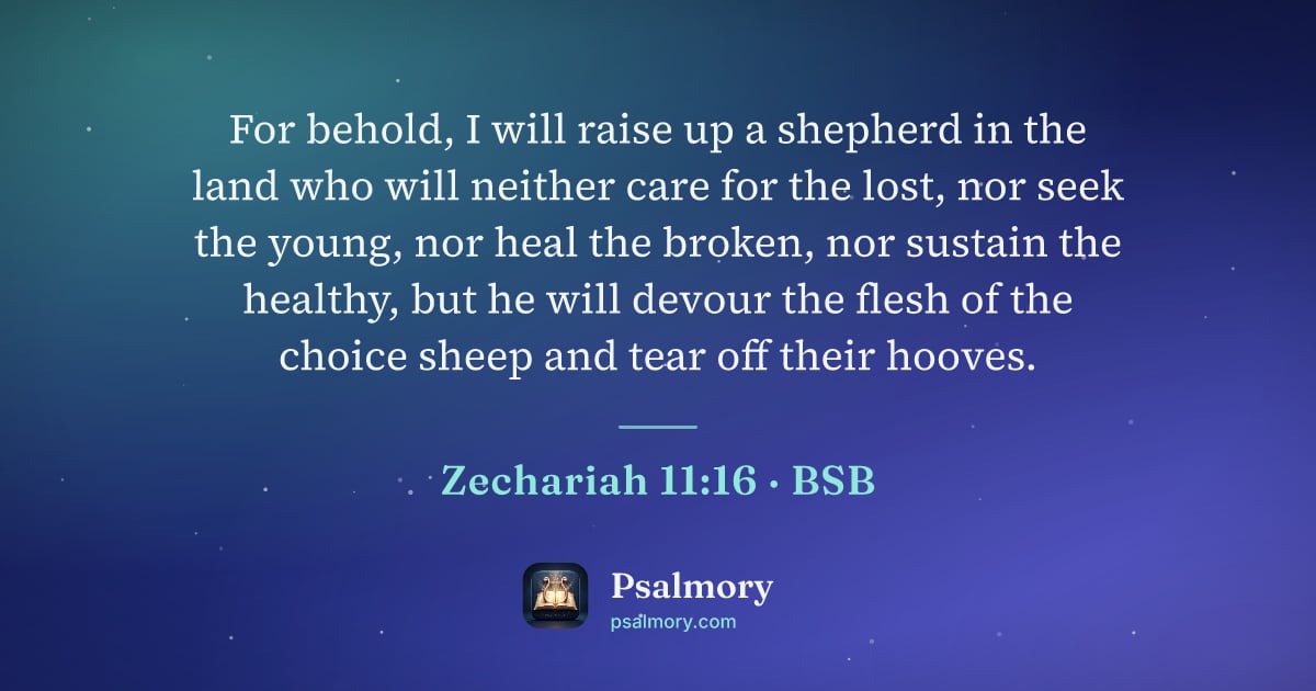 Zechariah 11:16 verse artwork: For behold, I will raise up a shepherd in the land who will neither care for the lost,…