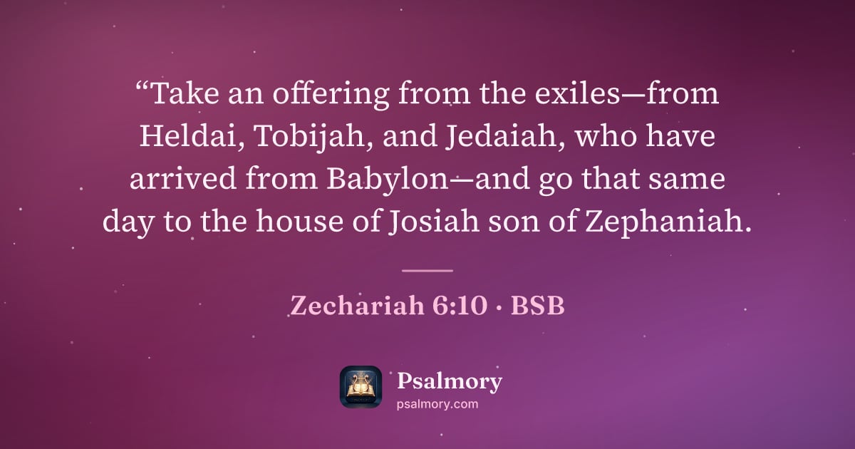Zechariah 6:10 verse artwork: “Take an offering from the exiles—from Heldai, Tobijah, and Jedaiah, who have arrived…